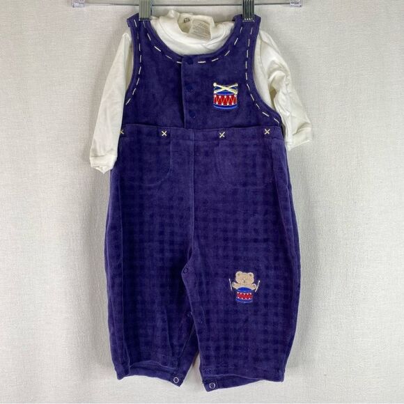 Bright Future Vintage 2 Piece Baby Clothes Snap Buttons Embroidered Drummer Bear - Picture 2 of 7